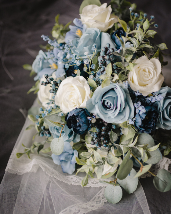 Blue and White Silk Wedding Bouquet with Roses